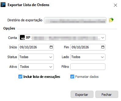 Janela Exportar Lista de Ordens